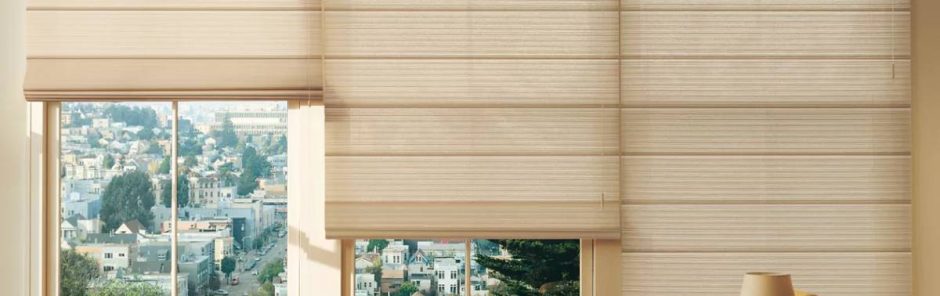 Hunter Douglas Alustra® Woven Textures™ Roman Shades on living room windows